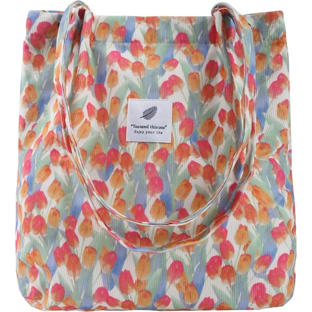 Women Tulip Imported Corduroy Small Canvas Shoulder Handy Inner Pocket Tote Bag
